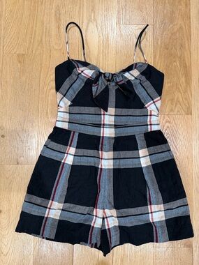 Club Monaco Plaid Sleeveless Romper in Black, Gray & Cream with Red Accent